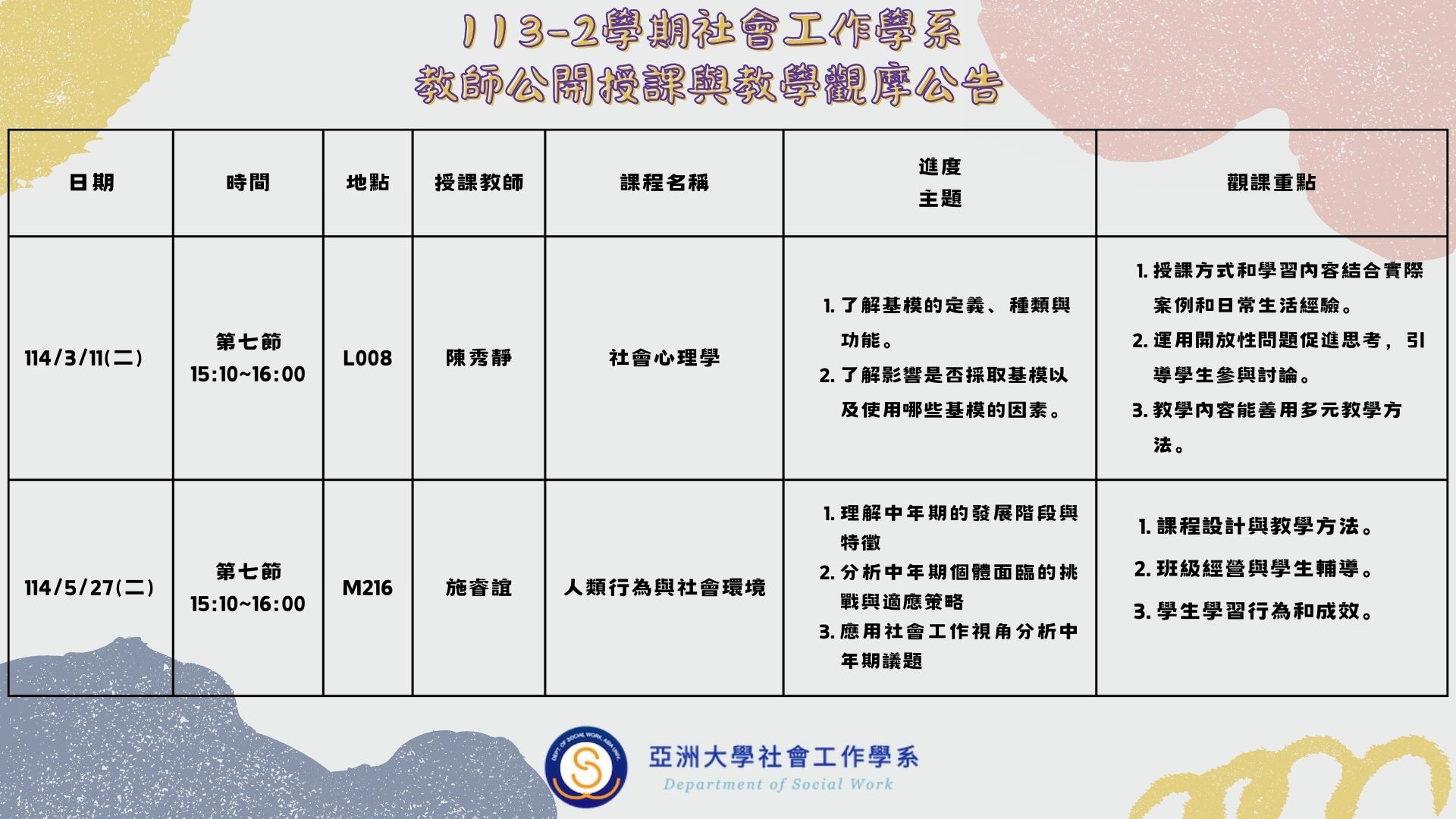 113-2學期社會工作學系教師公開授課與教學觀摩公告